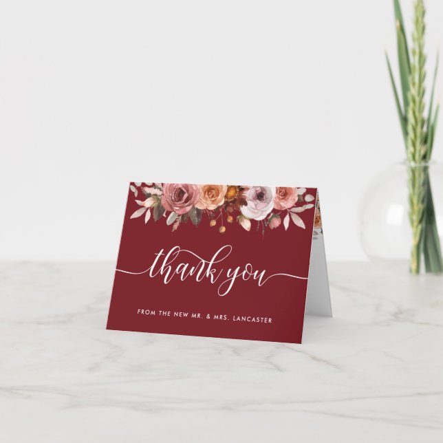 Elegant Blush and Burgundy Floral Thank You Card (Front)