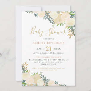 Elegant Blush and Gold Floral Greenery Baby Shower Invitation