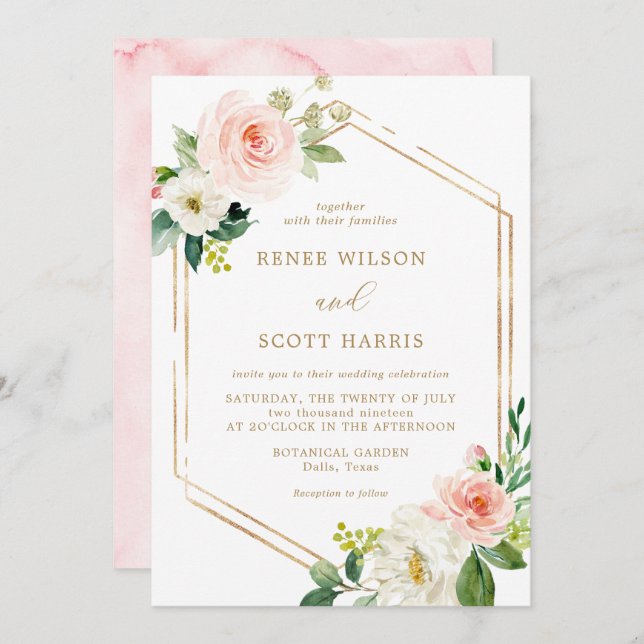 Elegant Blush and Gold Watercolor Floral Wedding Invitation (Front/Back)