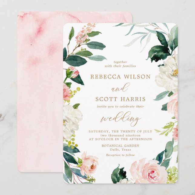 Elegant Blush and Gold Watercolor Floral Wedding Invitation (Front/Back)