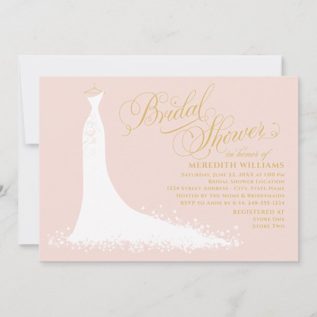 Elegant Blush and Gold Wedding Gown Bridal Shower Invitation (Front)