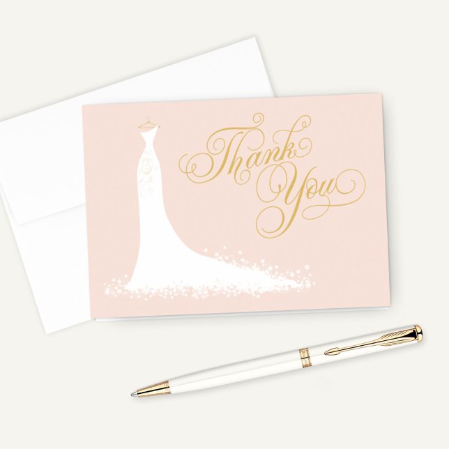 Elegant Blush and Gold Wedding Gown Bridal Shower Thank You Card (Creator Uploaded)