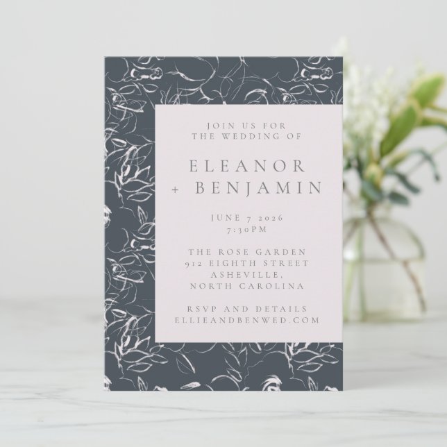 Elegant Blush and Grey Botanical Drawing Wedding Invitation (Standing Front)
