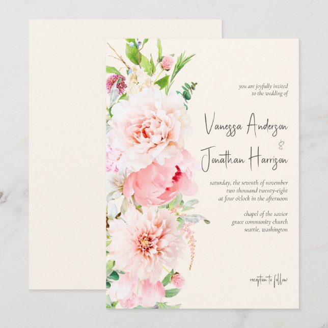 Elegant Blush and Ivory Floral Stylish Script Invitation (Front/Back)