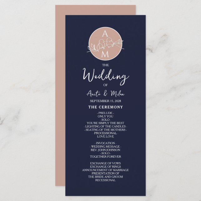 Elegant Blush and Navy Blue Script Wedding Program Programme (Front/Back)