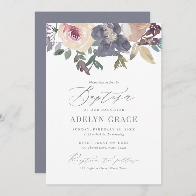 Elegant Blush and Navy Floral Girl Baptism Invitation (Front/Back)
