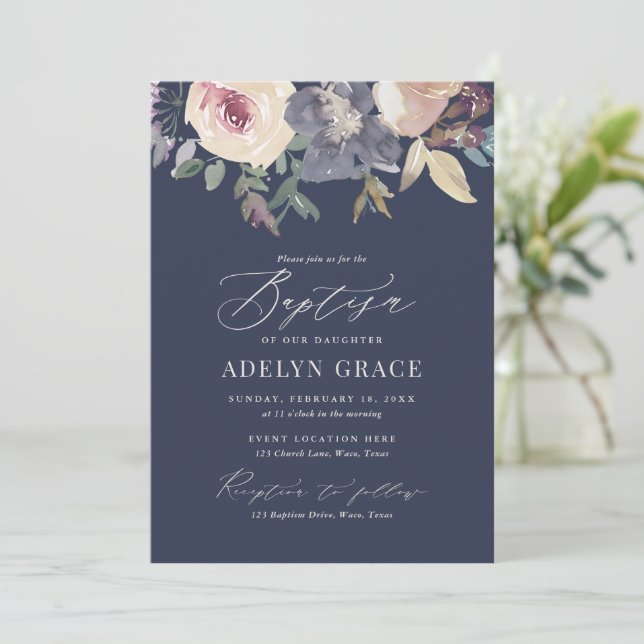 Elegant Blush and Navy Floral Girl Baptism Invitation (Standing Front)