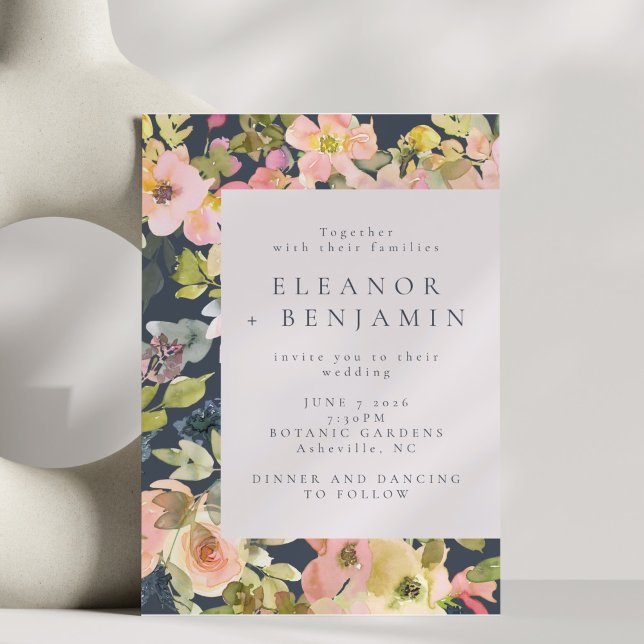 Elegant Blush and Navy Watercolor Floral Wedding Invitation (Creator Uploaded)