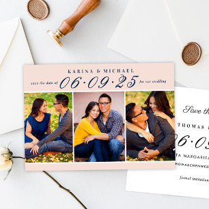 Elegant Blush and Navy Wedding Photo Collage Save The Date