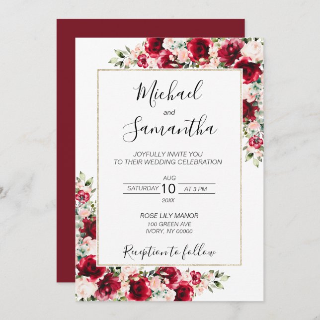 Elegant Blush and Red Roses Wedding Invitation (Front/Back)