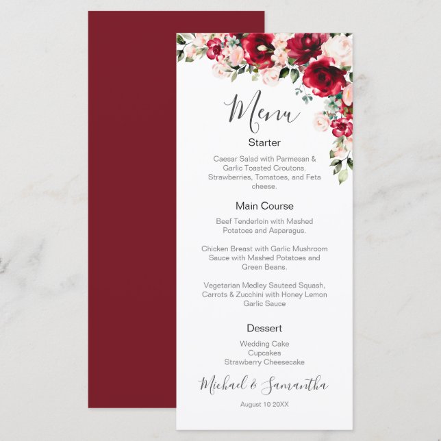 Elegant Blush and Red Roses Wedding Menu (Front/Back)