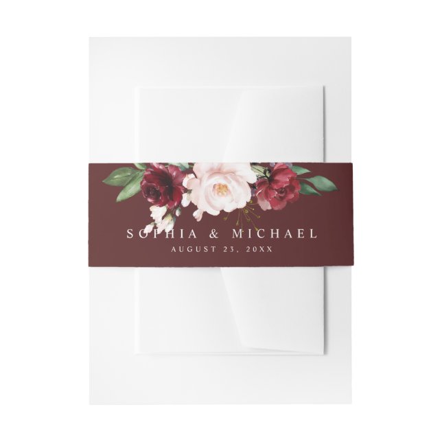 Elegant Blush and Wine Floral Burgundy Invitation Belly Band (Front Example)