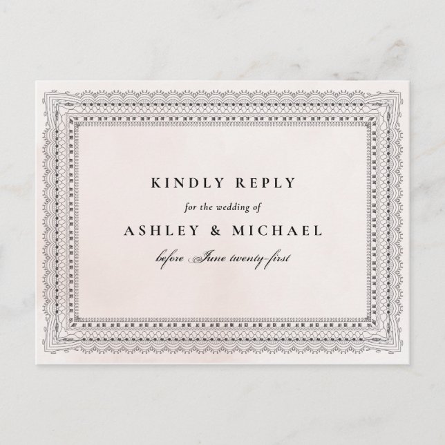Elegant Blush & Black Watercolor Lace Wedding RSVP Invitation Postcard (Front)