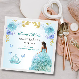 Elegant Blush Blue Floral Quinceañera Birthday Napkin