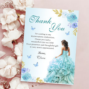 Elegant Blush Blue Floral Quinceañera Birthday Thank You Card