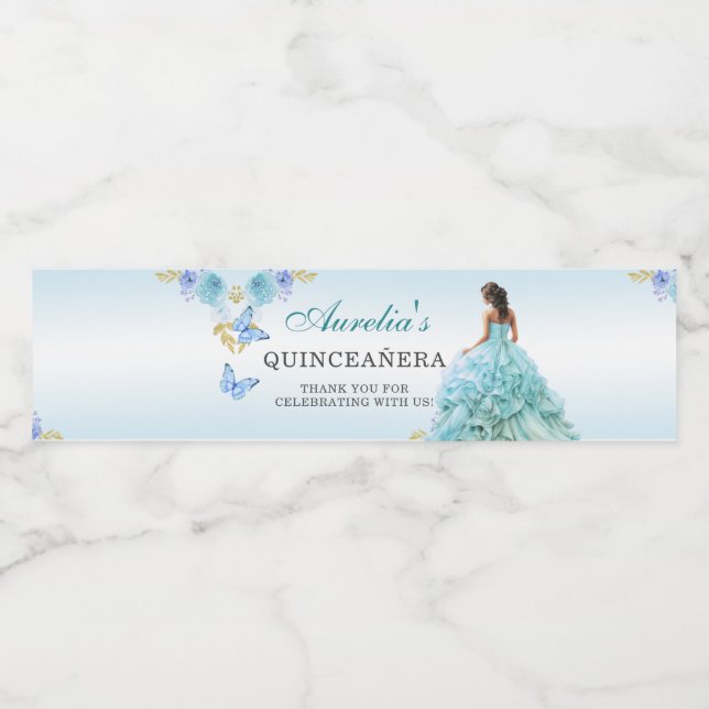 Elegant Blush Blue Floral Quinceañera Birthday W Water Bottle Label (Single Label)