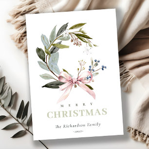 Elegant Blush Blue Green Winter Christmas Wreath Holiday Card