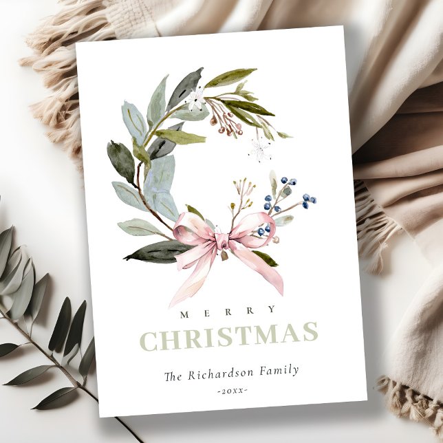 Elegant Blush Blue Green Winter Christmas Wreath Holiday Card (Creator Uploaded)