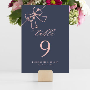 Elegant Blush Bow Chic Slate Blue Table Number