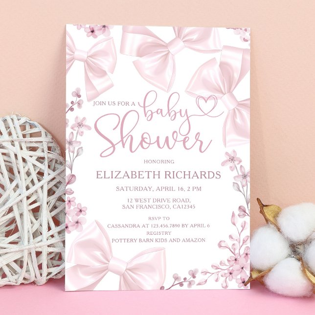 Elegant Blush Bow Theme Girl Baby Shower Invitation (Creator Uploaded)