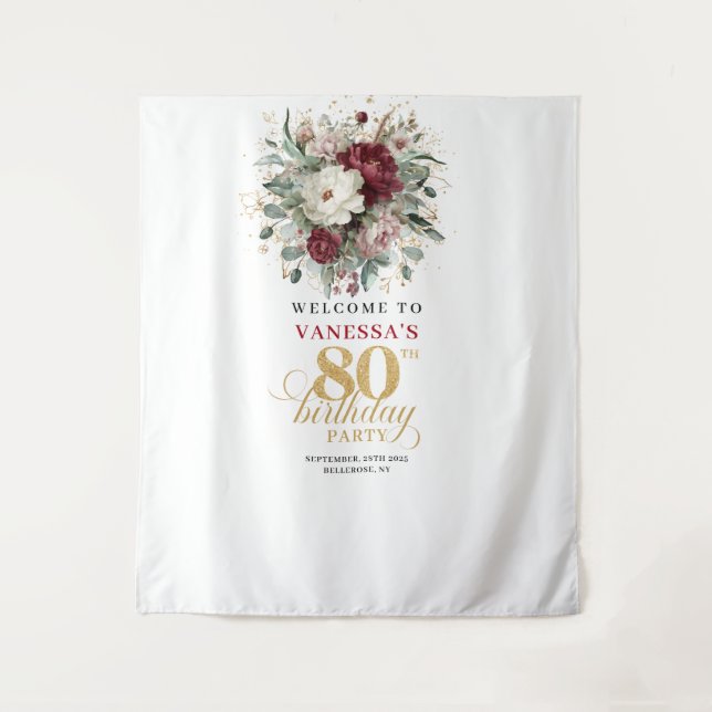 Elegant Blush Burgundy 80th Birthday Backdrop Tapestry (Front)