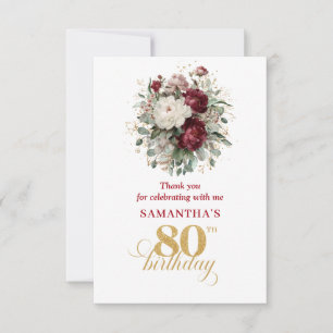 Elegant Blush Burgundy 80th Birthday Thank You Card
