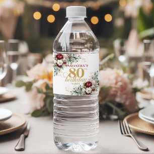 Elegant Blush Burgundy 80th Birthday Water Bottle Label