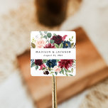 Elegant Blush Burgundy and Navy Floral Wedding Square Sticker<br><div class="desc">Stylish floral wedding stickers featuring your names and wedding date framed by painted burgundy,  blush pink,  and navy blue watercolor flowers  complimented by lush green foliage. Use the elegant wedding stickers as envelope seals or favours. Designed to coordinate with our Enchanted Floral wedding collection.</div>