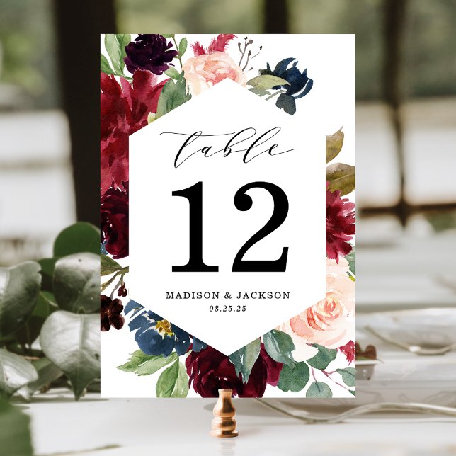 Elegant Blush Burgundy and Navy Floral Wedding Table Number (Creator Uploaded)
