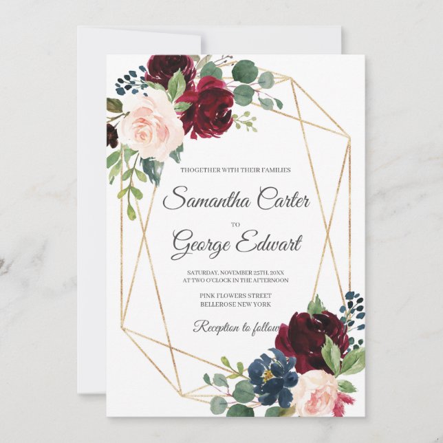 Elegant blush burgundy and pink and navy floral invitation (Front)