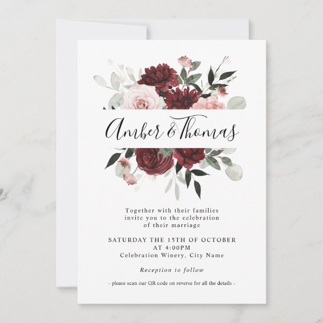 Elegant Blush Burgundy & Blush Floral Wedding  Inv Invitation (Front)