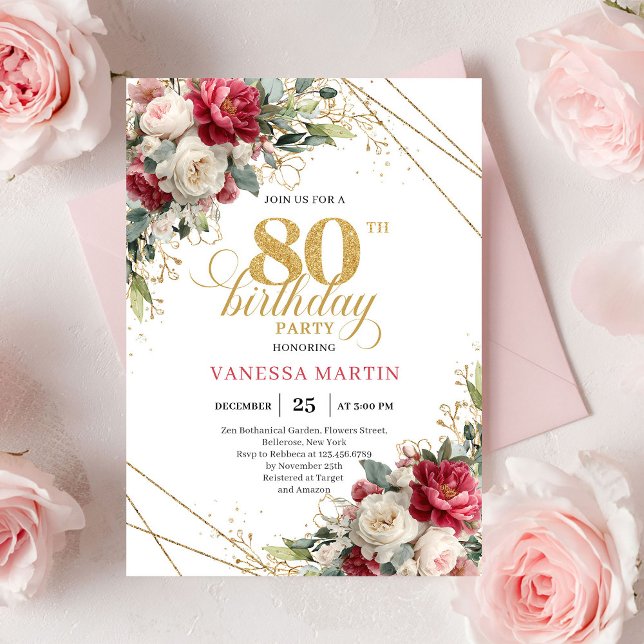 Elegant Blush Burgundy Floral 80th Birthday Invite (Elegant Blush Burgundy Floral 80th Birthday Invite)