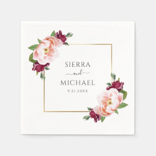 Elegant Blush Burgundy Floral Gold Wedding Napkin