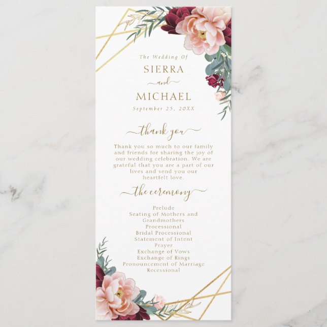 Elegant Blush Burgundy Floral Gold Wedding Programme (Front)