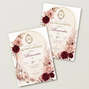 Elegant Blush Burgundy Floral Quinceañera Invitation