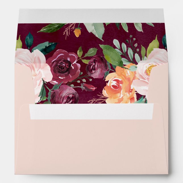 Elegant Blush Burgundy Floral Watercolor Wedding Envelope (Back (Bottom))