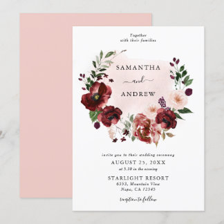 Elegant Blush Burgundy Floral Wreath Wedding Invitation