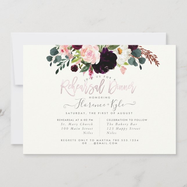Elegant Blush Burgundy Flowers Rehearsal Dinner Invitation (Front)