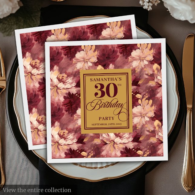 Elegant Blush Burgundy Gold 30th Birthday Party   Napkin (Elegant Blush Burgundy Gold 30th Birthday Party Napkins)