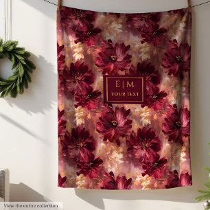 Elegant Blush Burgundy Gold Watercolor Floral Cozy Fleece Blanket