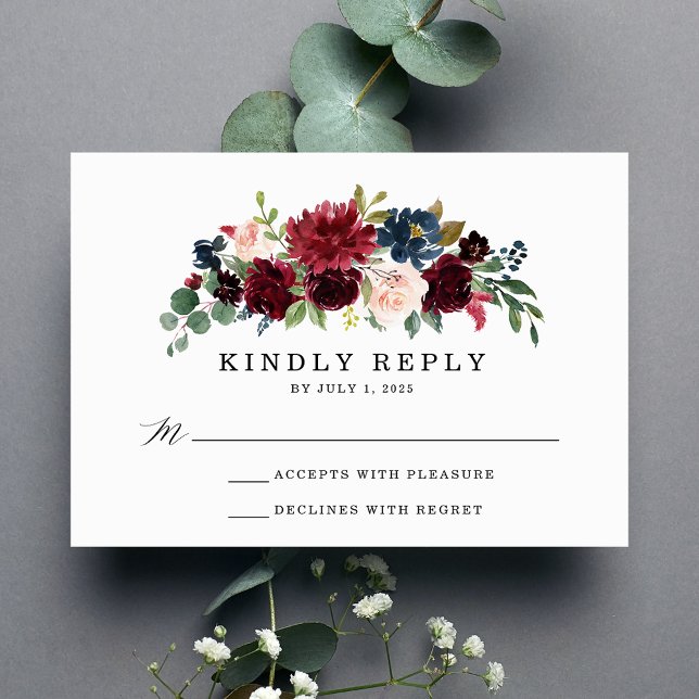 Elegant Blush Burgundy Navy Floral Wedding RSVP Card (Creator Uploaded)