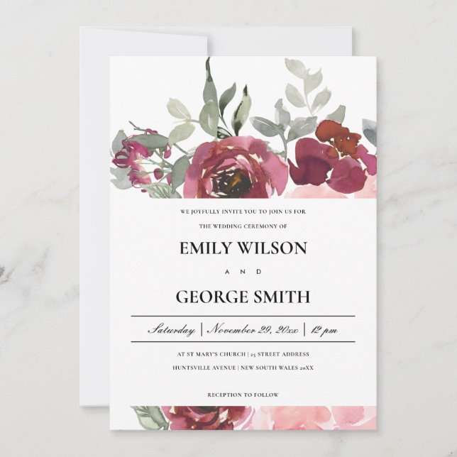 ELEGANT BLUSH BURGUNDY ROSE FLORAL WEDDING INVITE (Front)