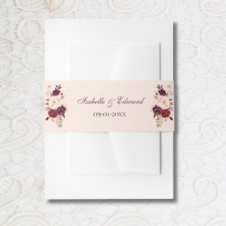 Elegant Blush & Burgundy Roses Bouquet Wedding Invitation Belly Band