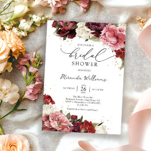 Elegant Blush Burgundy Roses Floral Bridal Shower Invitation