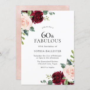 Elegant Blush & Burgundy Watercolor 60th Birthday Invitation