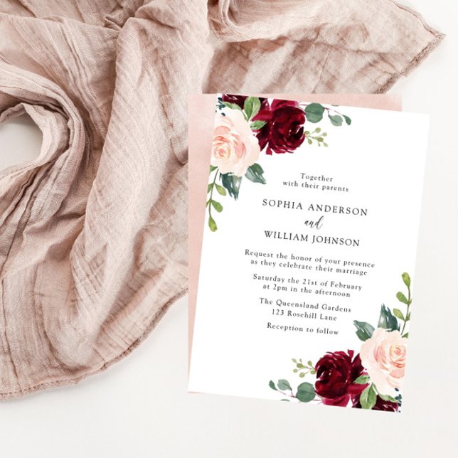 Elegant Blush & Burgundy Watercolor Floral Wedding Invitation (Creator Uploaded)