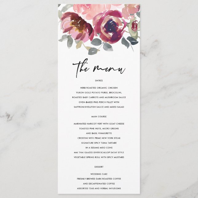 ELEGANT BLUSH BURGUNDY WATERCOLOR FLORAL WEDDING MENU (Front)