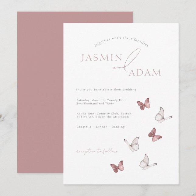 Elegant Blush Butterfly Wedding Invitation (Front/Back)