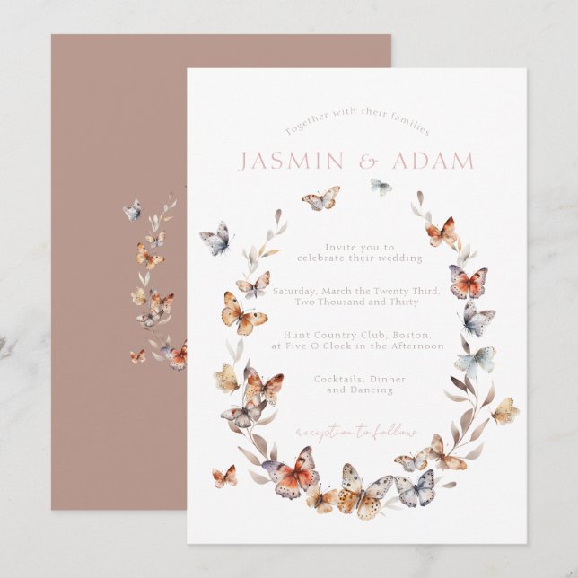 Elegant Blush Butterfly Wreath Wedding Invitation (Front/Back)
