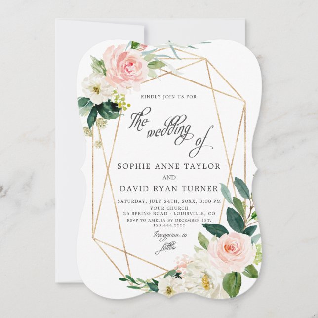Elegant Blush Cream Flowers Gold Frame Wedding Invitation (Front)